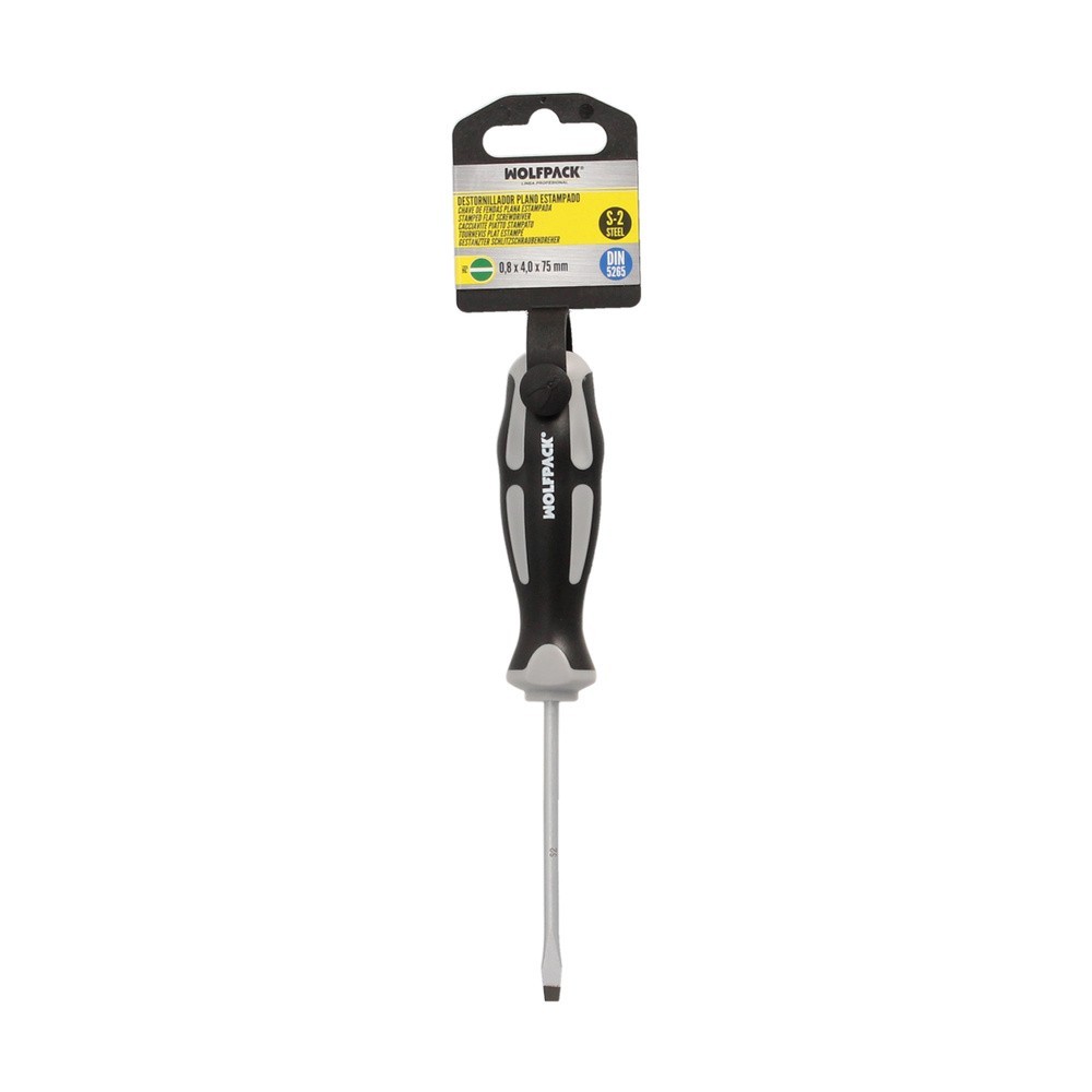 Destornillador Plano Estampado Acero S2 Mango TPR Bimaterial, Medida 0,8 x Ø 4,0 x 75 mm, DIN5265 al por Mayor | Almacén de Ferr