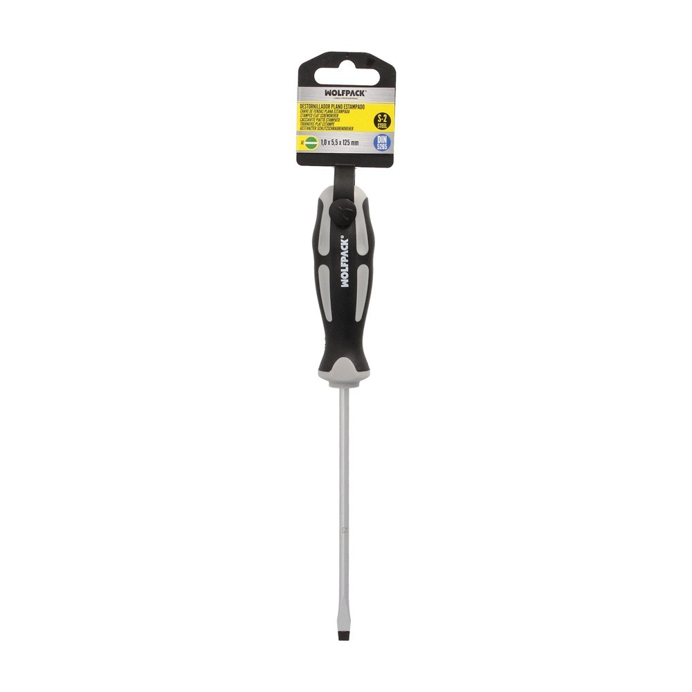 Destornillador Plano Estampado Acero S2 Mango TPR Bimaterial, Medida 1,0 x Ø 5,5 x 125 mm,  DIN5265 al por Mayor | Almacén de Fe