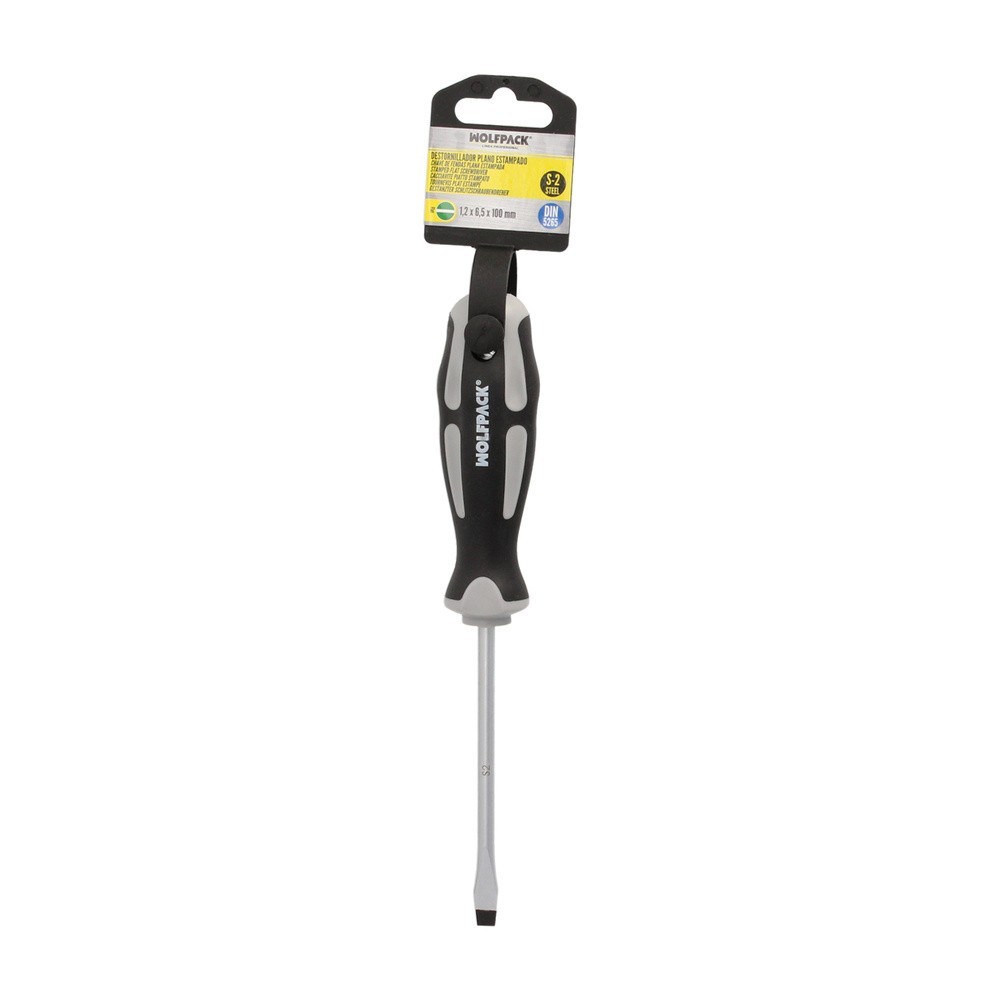 Destornillador Plano Estampado Acero S2 Mango TPR Bimaterial, Medida 1,2 x Ø 6,5 x 100 mm,  DIN5265 al por Mayor | Almacén de Fe