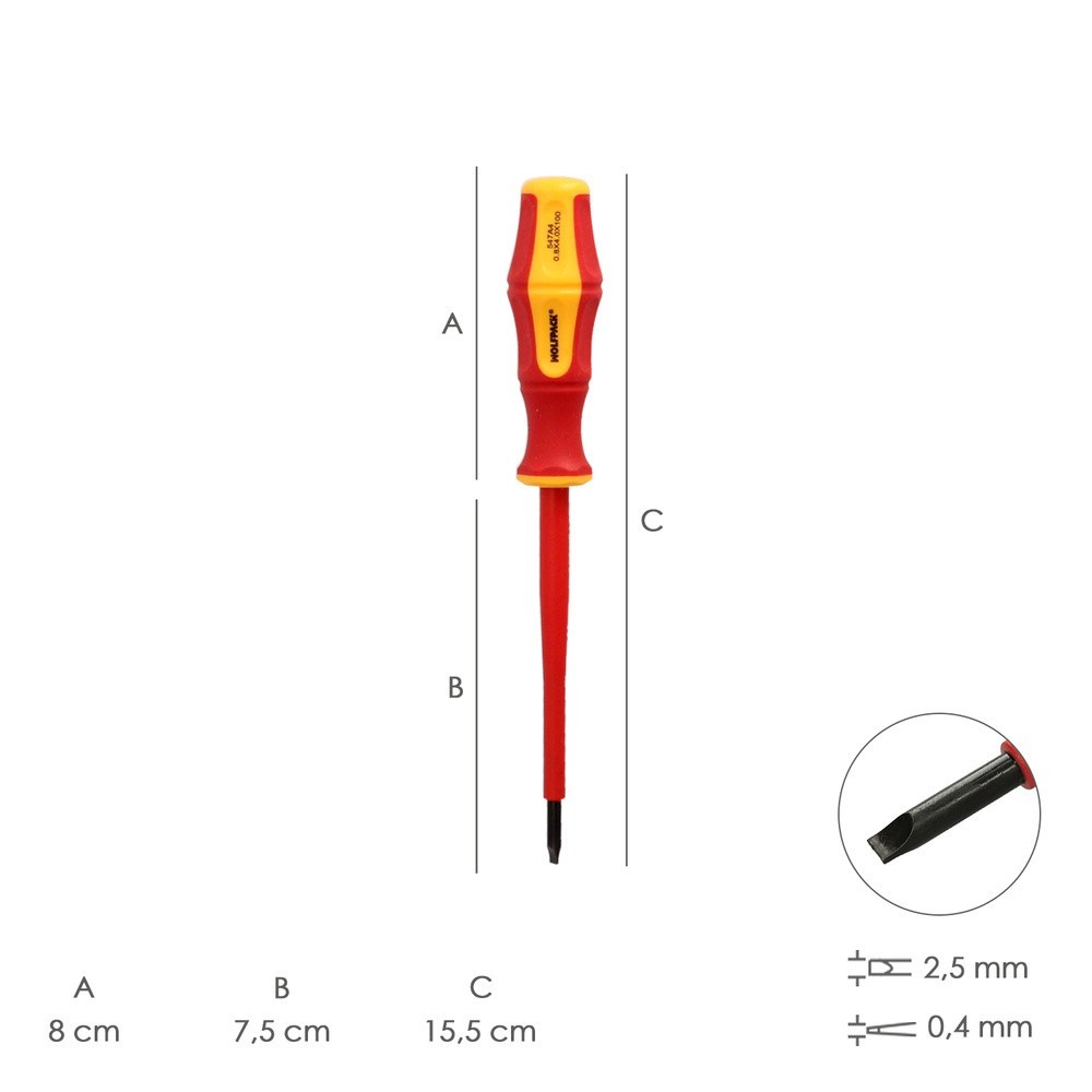 Destornillador Plano Aislado Certificado VDE 1,000 V, Medida 0,4 x Ø 2,5 x 75 mm, Destornillador Seguridad Electricista al por M