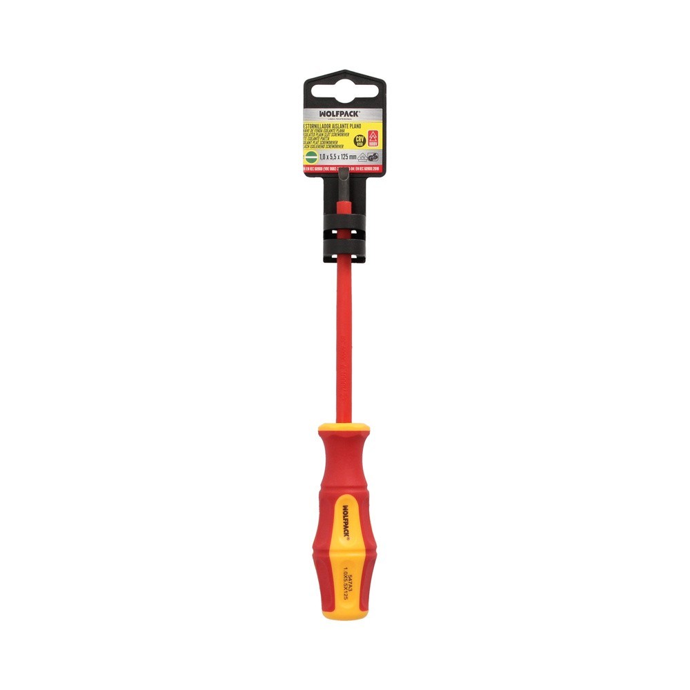 Destornillador Plano Aislado Certificado VDE 1,000 V, Medida 1,0 x Ø 5,5 x 125 mm, Destornillador Seguridad Electricista al por 