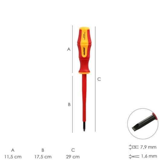 Destornillador Plano Aislado Certificado VDE 1,000 V, Medida 1,6x Ø 8,0 x 175 mm, Destornillador Seguridad Electricista al por M