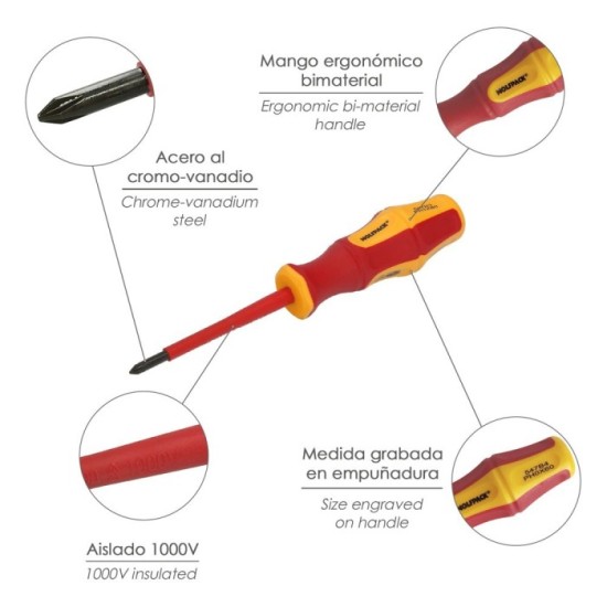 Destornillador Phillips Aislado Certificado VDE 1,000 V, Medida PH 0 - 3,0 x 60 mm, Destornillador Seguridad Electricista al por