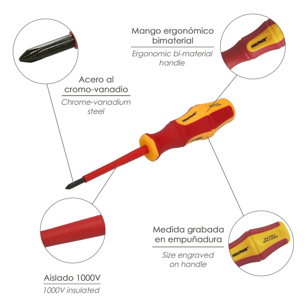 Destornillador Phillips Aislado Certificado VDE 1,000 V, Medida PH 1 - 4,5 x 80 mm, Destornillador Seguridad Electricista al por