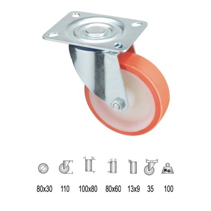 Rueda Industrial Poliuretano Placa   80 mm,