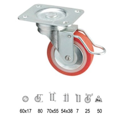 Rueda Poliuretano Placa Con Freno 60 mm,