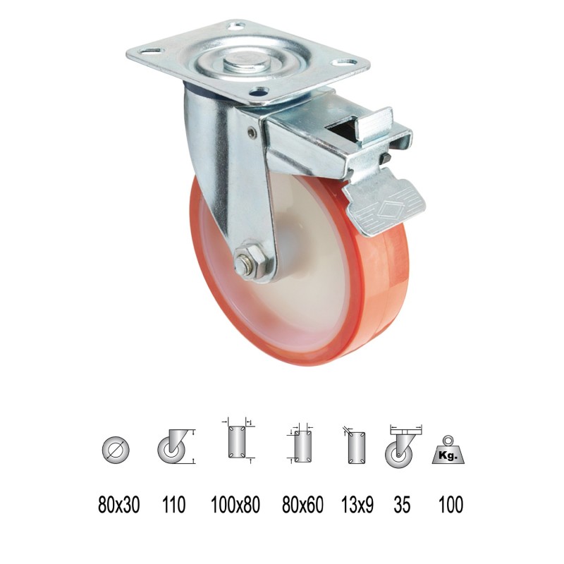 Rueda Industrial Poliuretano Placa con freno   80 mm,
