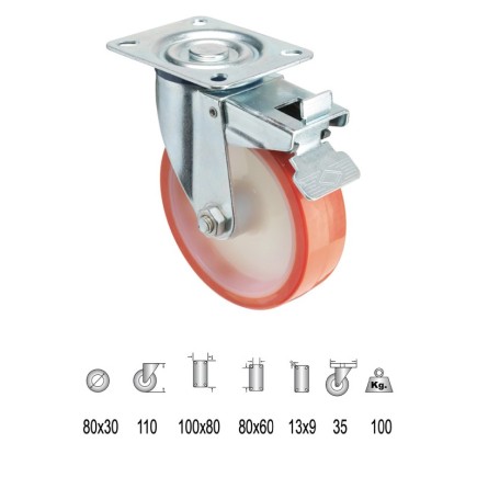 Rueda Industrial Poliuretano Placa con freno   80 mm,