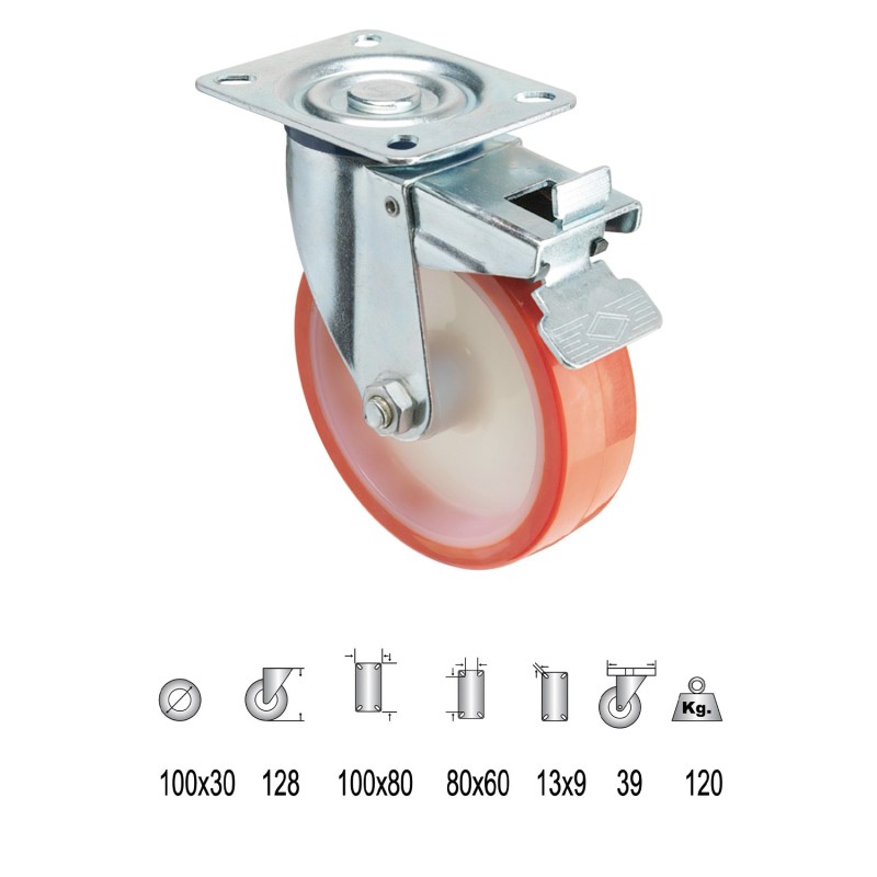 Rueda Industrial Poliuretano Placa con freno 100 mm,