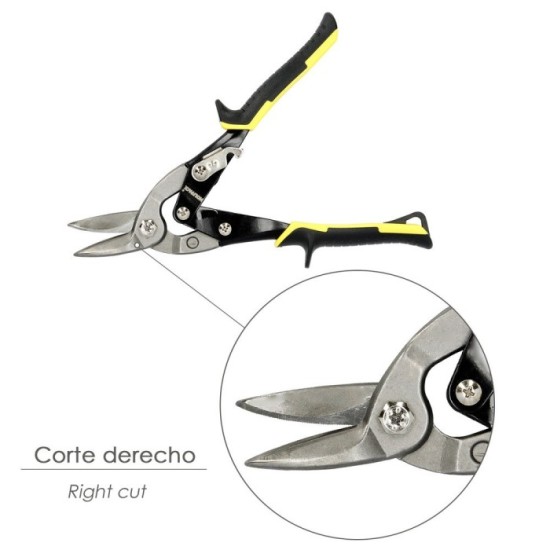 Tijeras Chapa Corte Derechas 250 mm, Hoja Acero Al Carbono, Mangos Engomados, Con Dientes Serrados, Cortachapa, Tijera Aviacion 