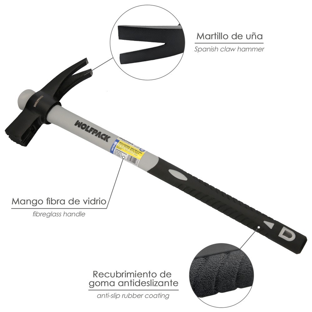 Martillo Encofrador Magentico Fibra Vidrio Mango Fibra Vidrio Con Empuñadura Antideslizante, 700 Gramos 50 cm, al por Mayor | Al
