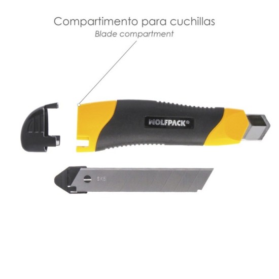 Cutter Con Hoja De 18 mm, Con 2 Hojas, Acero SK5, Agarre Engomado Bimaterial, Pulsador Seguridad Liberación hoja, Cuters Cutters