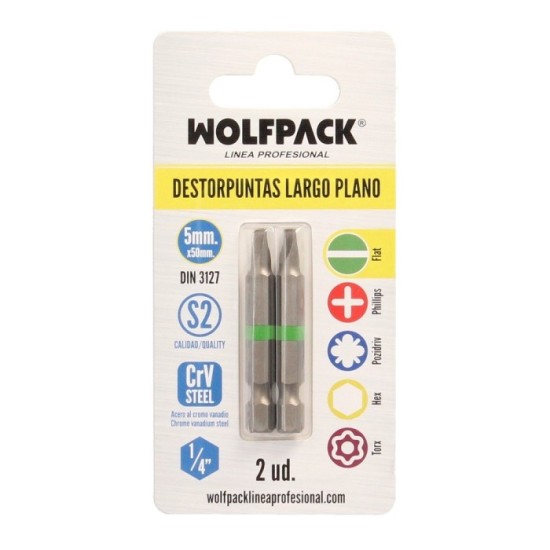 Puntas Destornillador Largo Plano 5 mm, (2 Piezas), Acero S2 al Cromo Vanadio, Puntas Hexagonales, Destorpuntas, al por Mayor | 