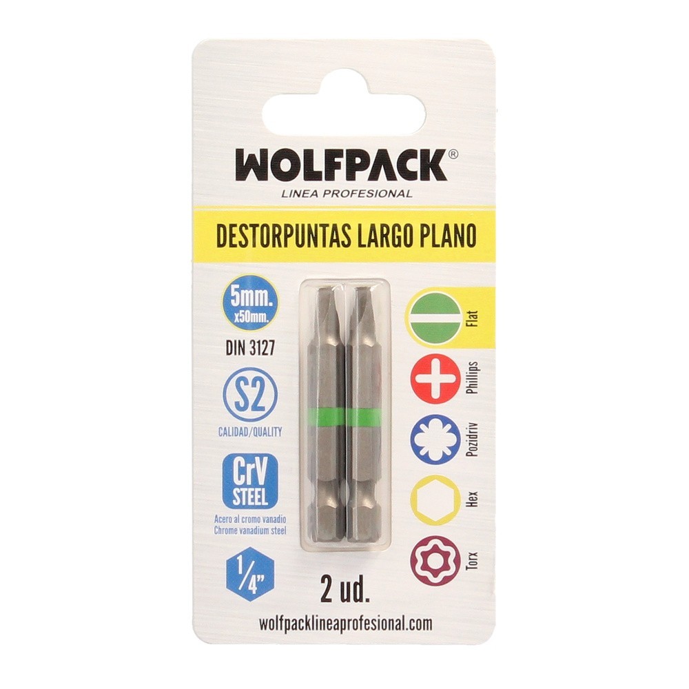 Puntas Destornillador Largo Plano 5 mm, (2 Piezas), Acero S2 al Cromo Vanadio, Puntas Hexagonales, Destorpuntas, al por Mayor | 