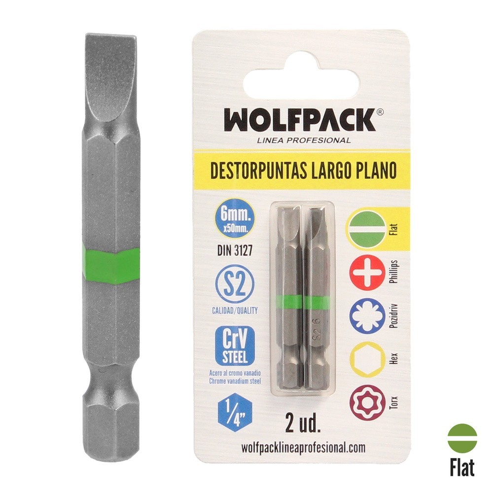 Puntas Destornillador Largo Plano 6 mm, (2 Piezas), Acero S2 al Cromo Vanadio, Puntas Hexagonales, Destorpuntas, al por Mayor | 