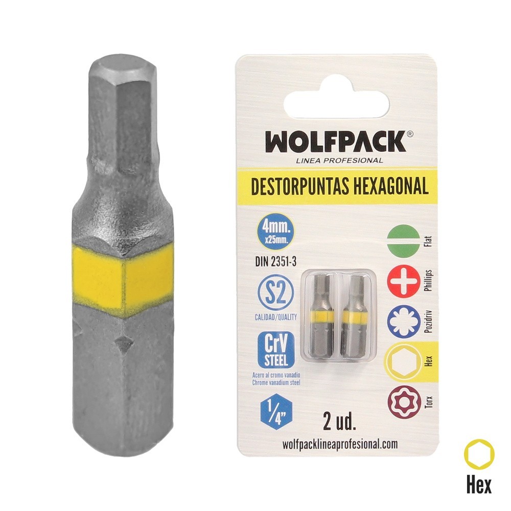 Puntas Destornillador Hexagonal 4,0 mm, (2 Piezas), Acero S2 al Cromo Vanadio, Puntas Hexagonales, Destorpuntas, al por Mayor | 