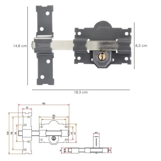 Cerrojo b-4 llave 2 lados pasador de 183mm cilindro redondo de 70mm al por Mayor | Almacén de Ferretería