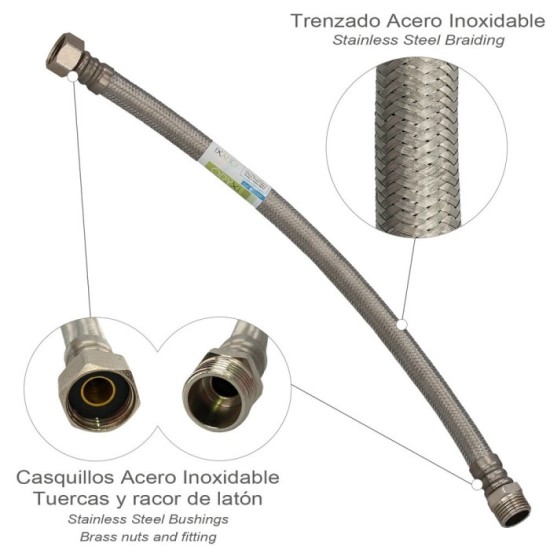 Latiguillo Flexible Reforzado Acero Inoxidable Termo Macho 1/2" - Hembra 1/2" Longitud 400 mm al por Mayor | Almacén de Ferreter