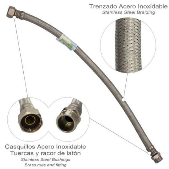 Latiguillo Flexible Reforzado Acero Inoxidable Termo Macho 1/2" - Hembra 1/2" Longitud 500 mm al por Mayor | Almacén de Ferreter