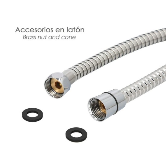 Flexo / Manguera Ducha Acero Inoxidable 2,00 Metros Accesorios de Latón, Flexible, Resistente a Torceduras, Conexión Estandar al