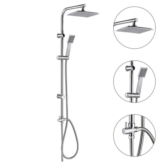 Columna Ducha Universal Multifuncional Completa Cuadrada, Acero inoxidable, Rociador Alcachofa Efecto Lluvia 22,5x22,5 cm, al po