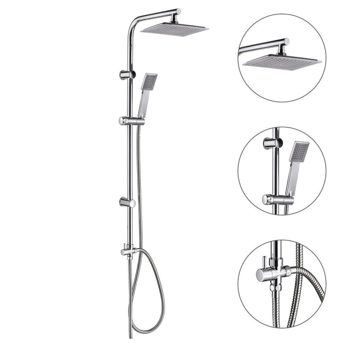 Columna Ducha Universal Multifuncional Completa Cuadrada, Acero inoxidable, Rociador Alcachofa Efecto Lluvia 22,5x22,5 cm, al po