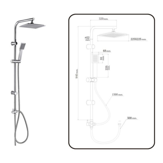 Columna Ducha Universal Multifuncional Completa Cuadrada, Acero inoxidable, Rociador Alcachofa Efecto Lluvia 22,5x22,5 cm, al po