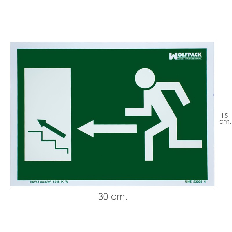 Cartel / Señal Fluorescente Salida Escalera Izquierda Arriba 21x30 cm,