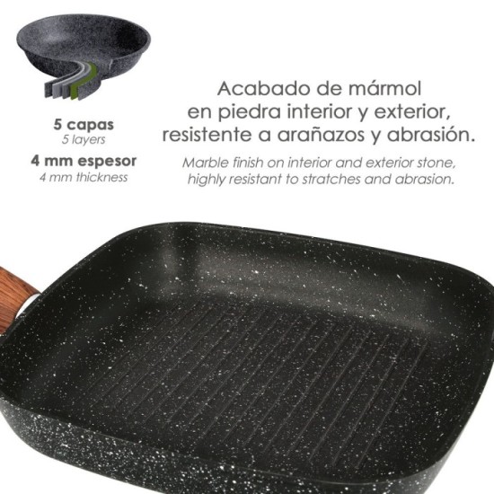 Sarten Aluminio Forjado Antiadherente 24x24x4,5 cm, Mango Engomado / 5 capas / Acabado Piedra / Todo Tipo de Cocinas / Grill al 