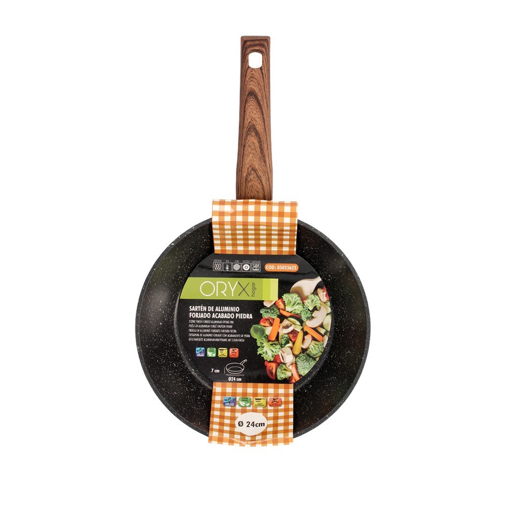 Sarten Aluminio Forjado Antiadherente Ø 24 x 7 cm, Mango Engomado / 5 capas / Acabado Piedra / Apta Para Todo Tipo de Cocinas al