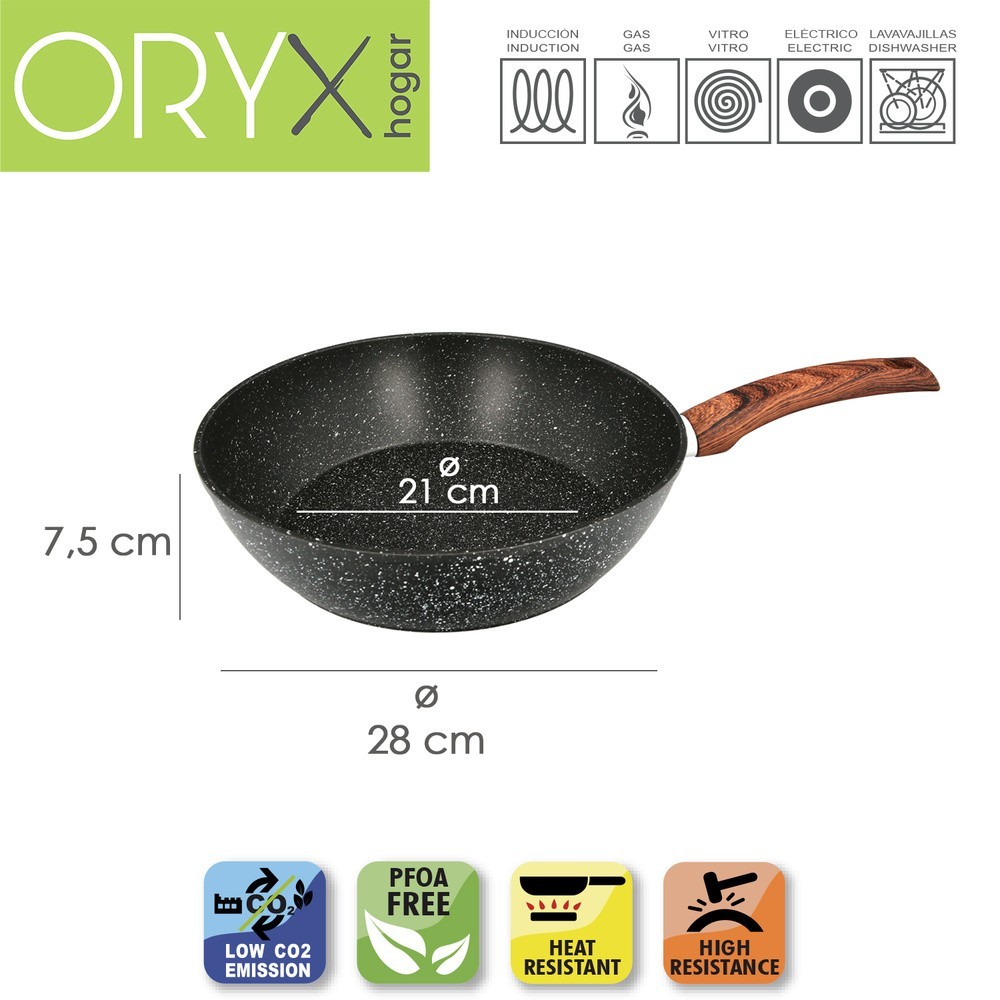 Sarten Honda Aluminio Forjado Antiadherente Ø 28x7,5 cm, Mango Engomado / 5 capas / Acabado Piedra / Para Todo Tipo de Cocinas a