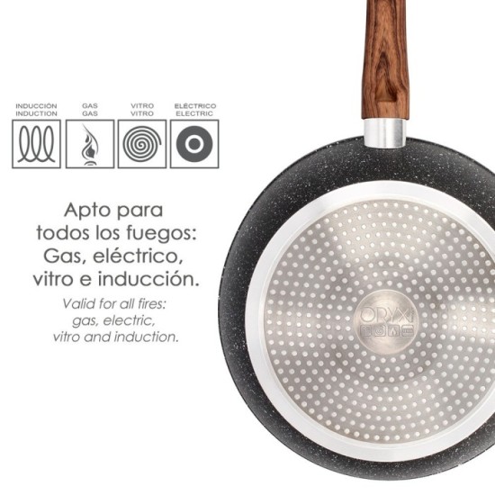 Sarten Honda Aluminio Forjado Antiadherente Ø 28x7,5 cm, Mango Engomado / 5 capas / Acabado Piedra / Para Todo Tipo de Cocinas a