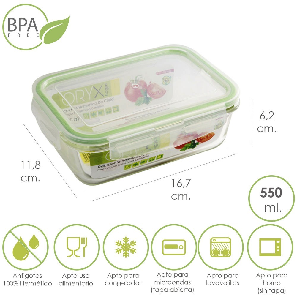Recipiente Hermetico Cristal Rectangular 550 ml, 16,7 x 11,8 x 6,2 (alt) cm, al por Mayor | Almacén de Ferretería