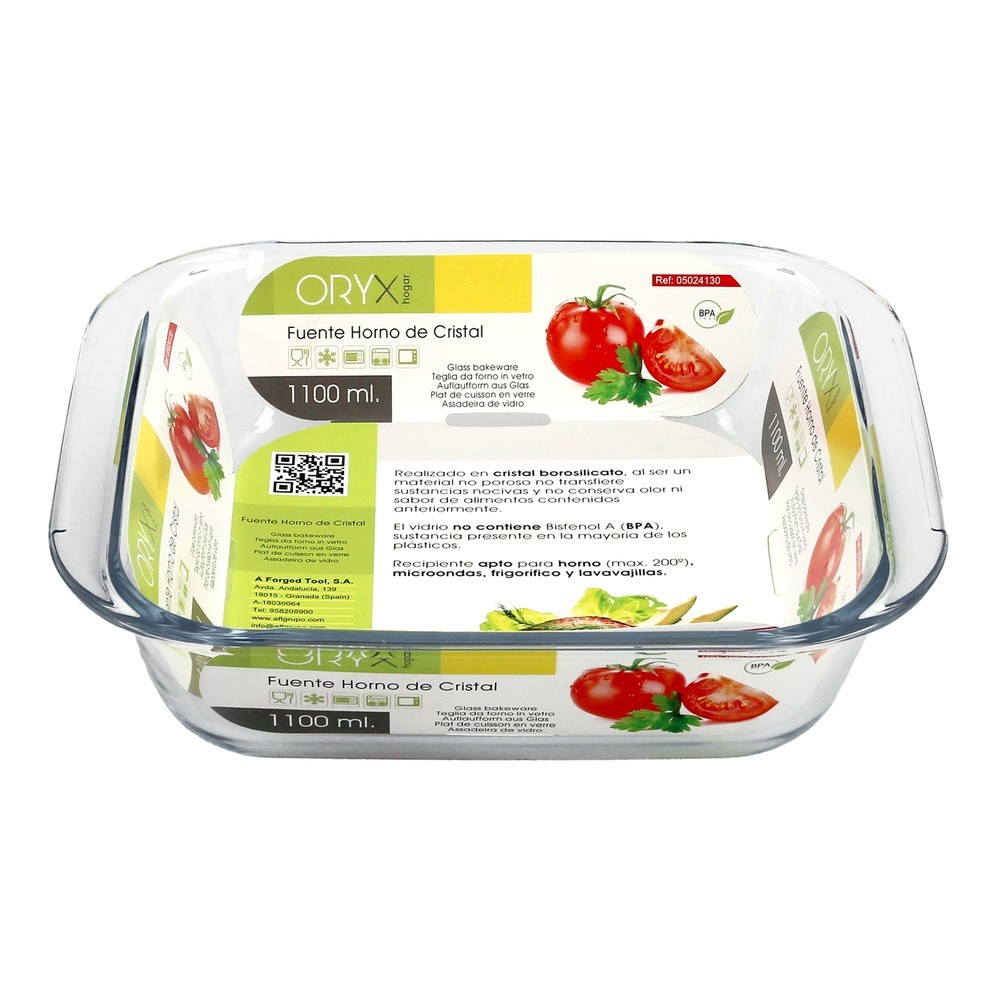 Fuente Horno Cristal Borosilicato Cuadrada 1,1litros, 18x18 cm, Ideal Meclas, Ensaladas, Postres, Cocina, Resposteria, Libre BPA
