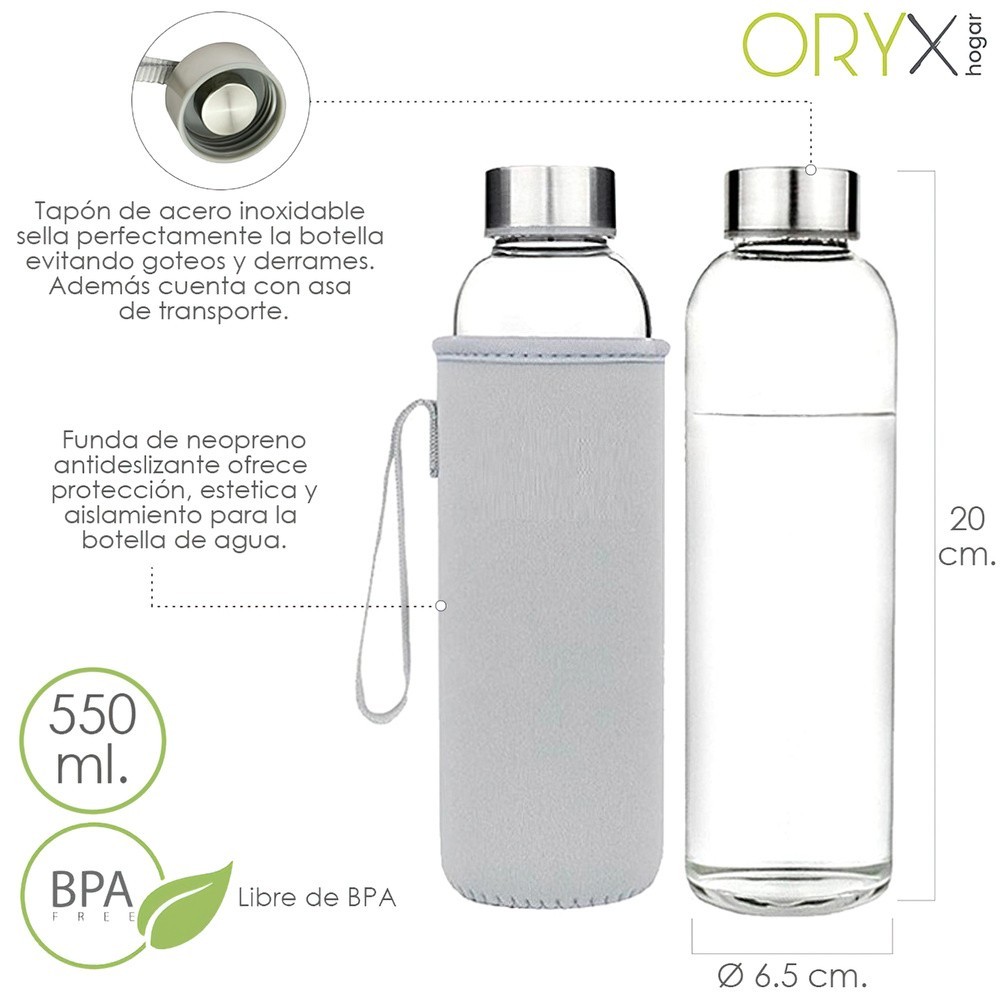 Botella Agua Cristal 550 ml, Funda Neopreno con Asa, Sin BPA al por Mayor | Almacén de Ferretería