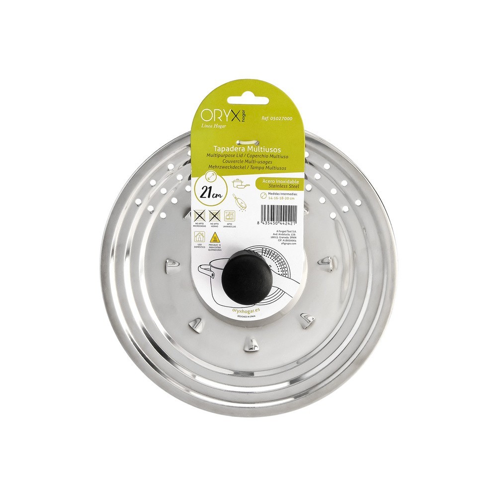 Tapadera Multiusos Acero Inoxidable Ø 21 cm, Uso Tapa Anti Salpicaduras y Escurridor, Tapadera Adpatable Diferentes Medidas al p