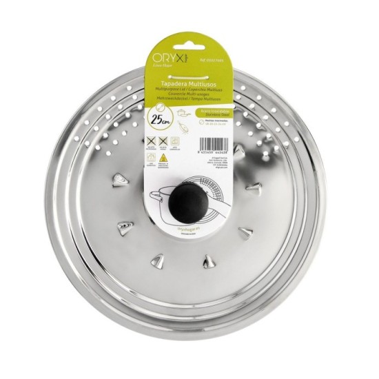 Tapadera Multiusos Acero Inoxidable Ø 25 cm, Uso Tapa Anti Salpicaduras y Escurridor, Tapadera Adpatable Diferentes Medidas al p