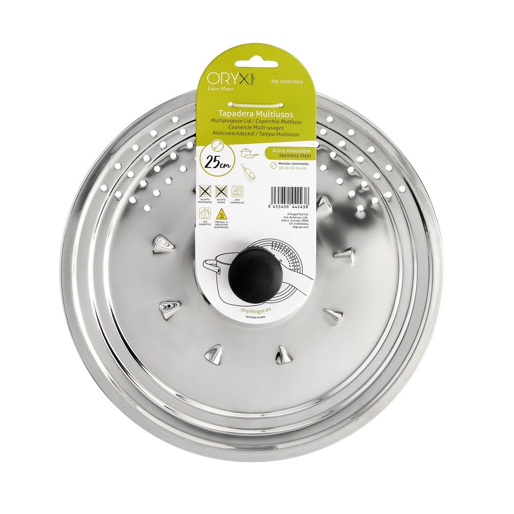 Tapadera Multiusos Acero Inoxidable Ø 25 cm, Uso Tapa Anti Salpicaduras y Escurridor, Tapadera Adpatable Diferentes Medidas al p