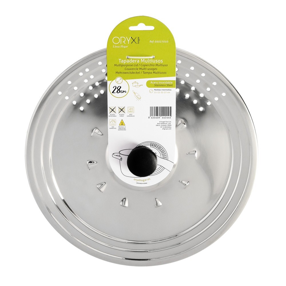 Tapadera Multiusos Acero Inoxidable Ø 28 cm, Uso Tapa Anti Salpicaduras y Escurridor, Tapadera Adpatable Diferentes Medidas al p