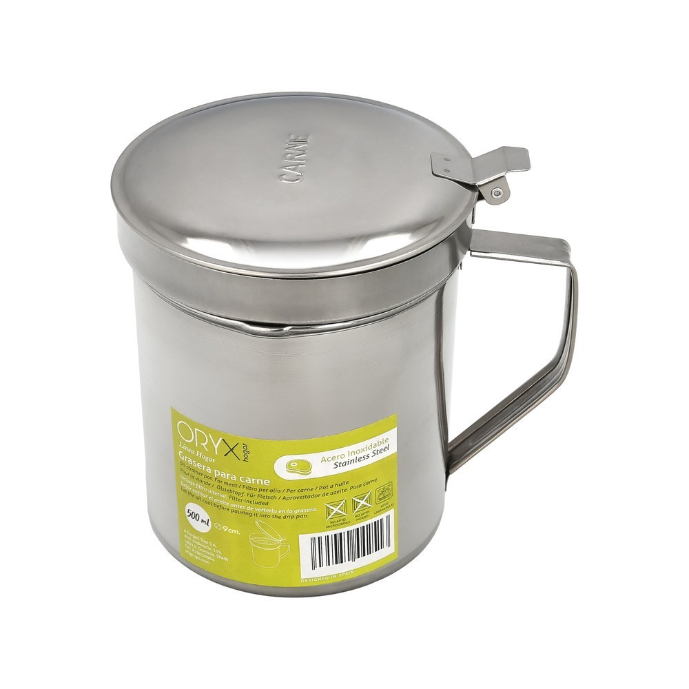 Grasera Acero Inoxidable Para Carne, Aceitera Aceite Usado 0,5 lts, Con Colador y Tapa, Recipiente Reciclaje Aceite Usado Carne 
