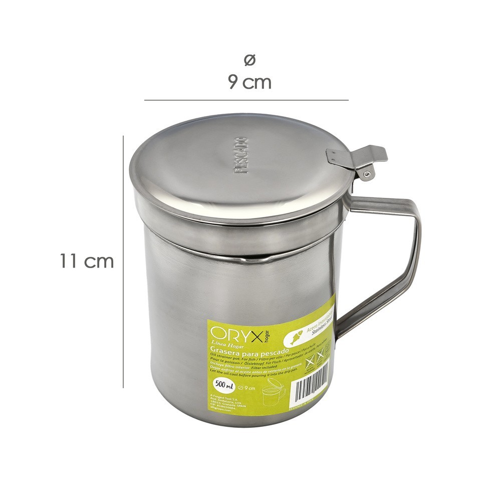 Grasera Acero Inoxidable Para Pescado Aceitera Aceite Usado 0,5 L, Con Colador y Tapa, Recipiente Reciclaje Aceite Usado Pescado