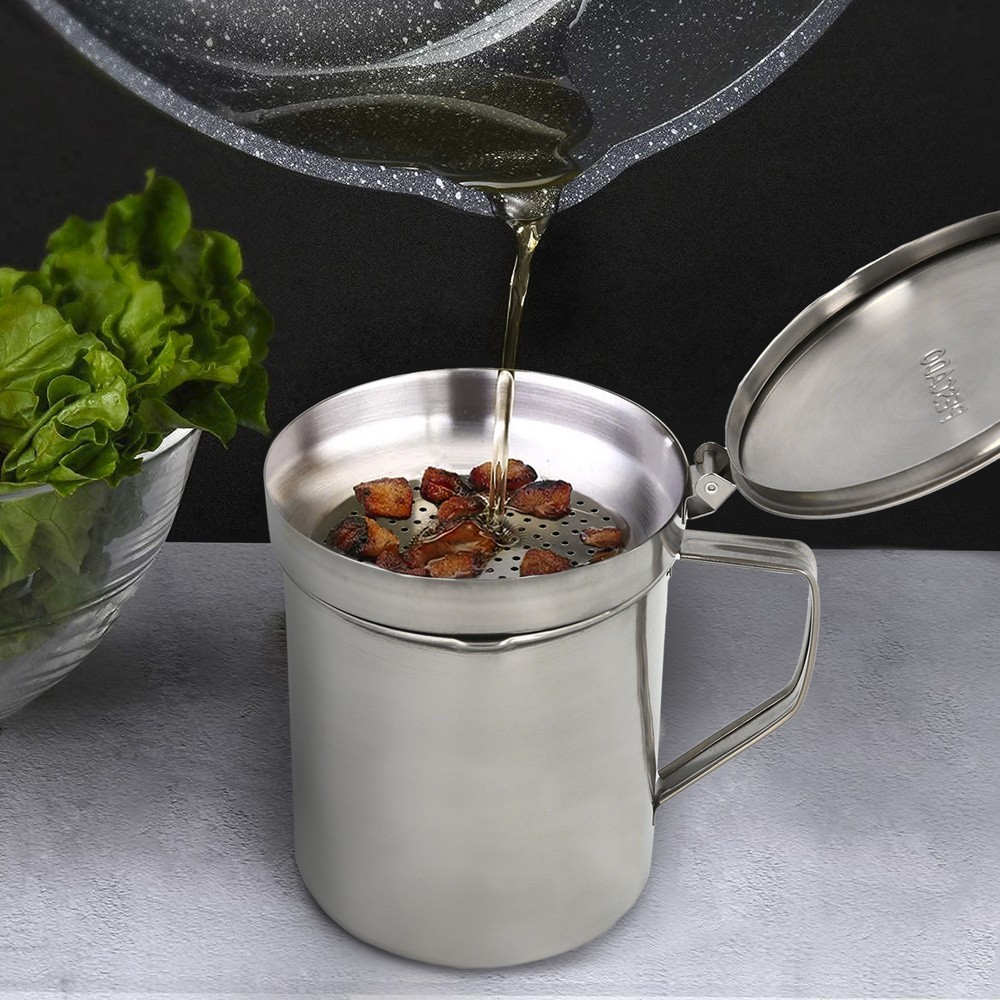 Grasera Acero Inoxidable Para Carne, Aceitera Aceite Usado 1,0 Lts, Con Colador y Tapa, Recipiente Reciclaje Aceite Usado Carne 