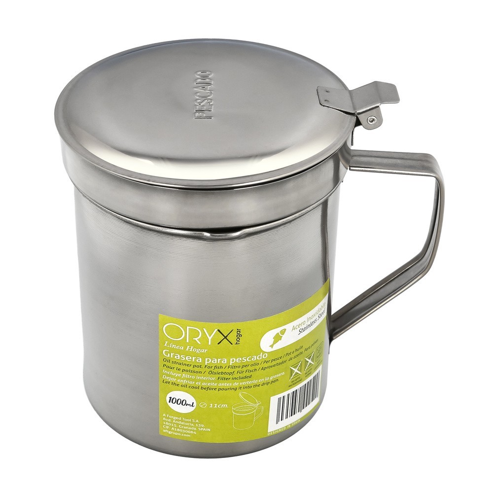 Grasera Acero Inoxidable Para Pescado Aceitera Aceite Usado 1,0 L, Con Colador y Tapa, Recipiente Reciclaje Aceite Usado Pescado