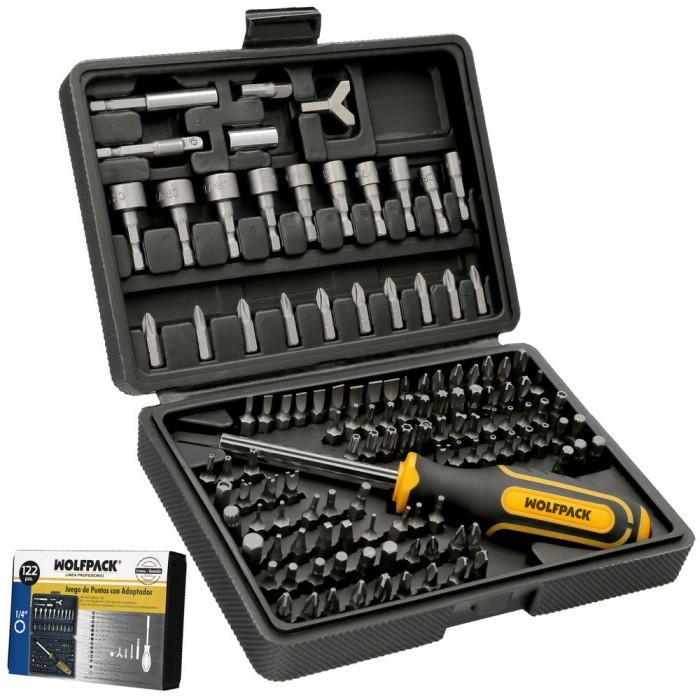 Juego Puntas con Destornillador 1/4" 122 Pzs, Con Apadtador, Cromo Vanadio, Kit Llave Combinada, Kit Carraca, al por Mayor | Alm
