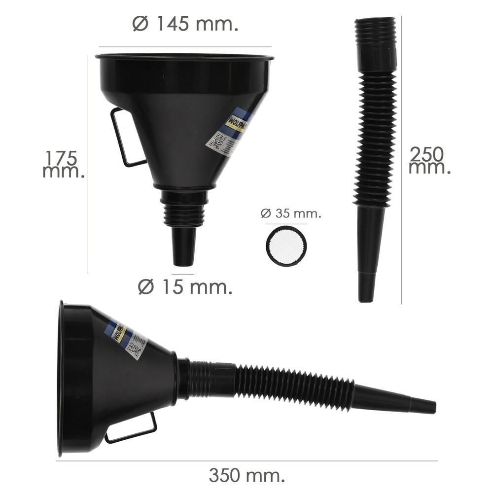 Embudo Boca Ancha Ø 145 mm,Con Prolongador Flexible y Filtro Metalico, Embudo gasoil, embudo gasolina, embudo combustible al por