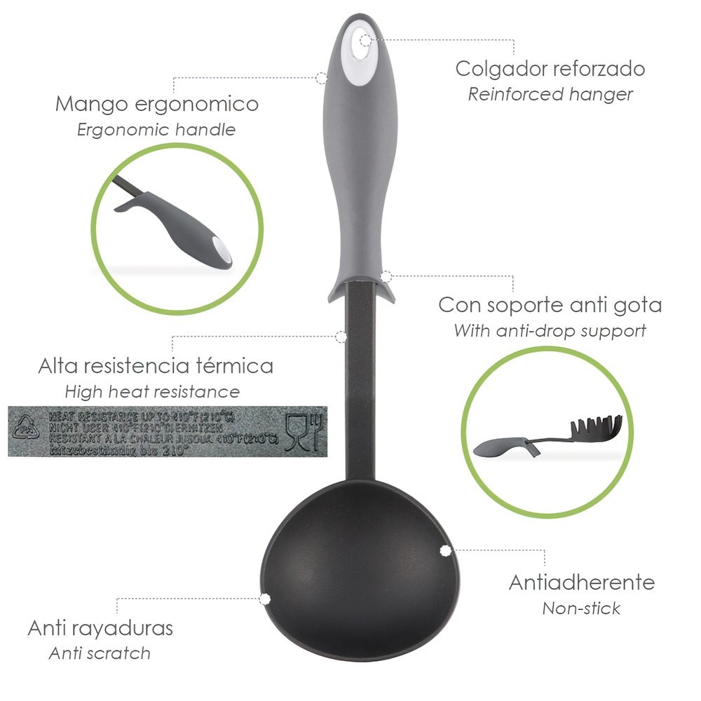 Cucharon Servir Cocina Nylon Con Mango Antigotas Engomado 32 x 9,8 cm, al por Mayor | Almacén de Ferretería