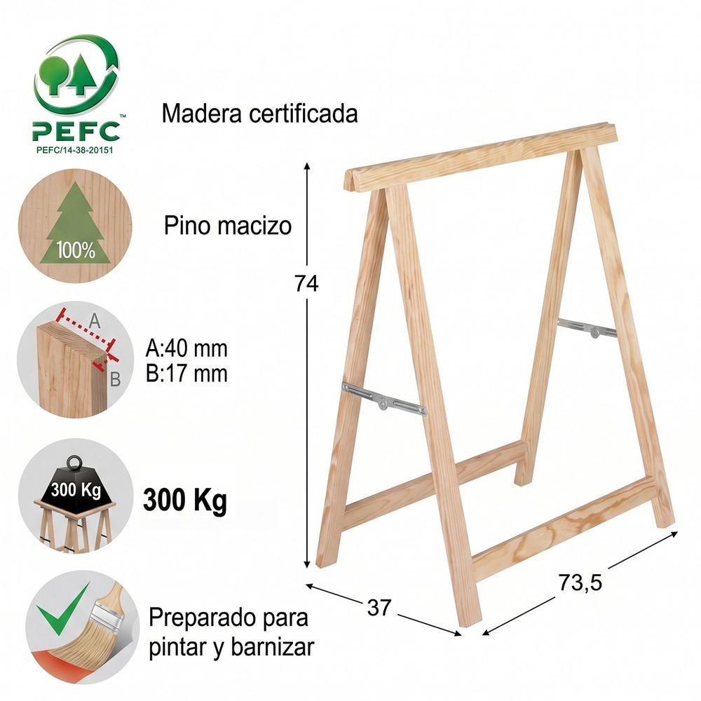 Caballete Madera de Pino Macizo 74x74cm Alto al por Mayor | Almacén de Ferretería