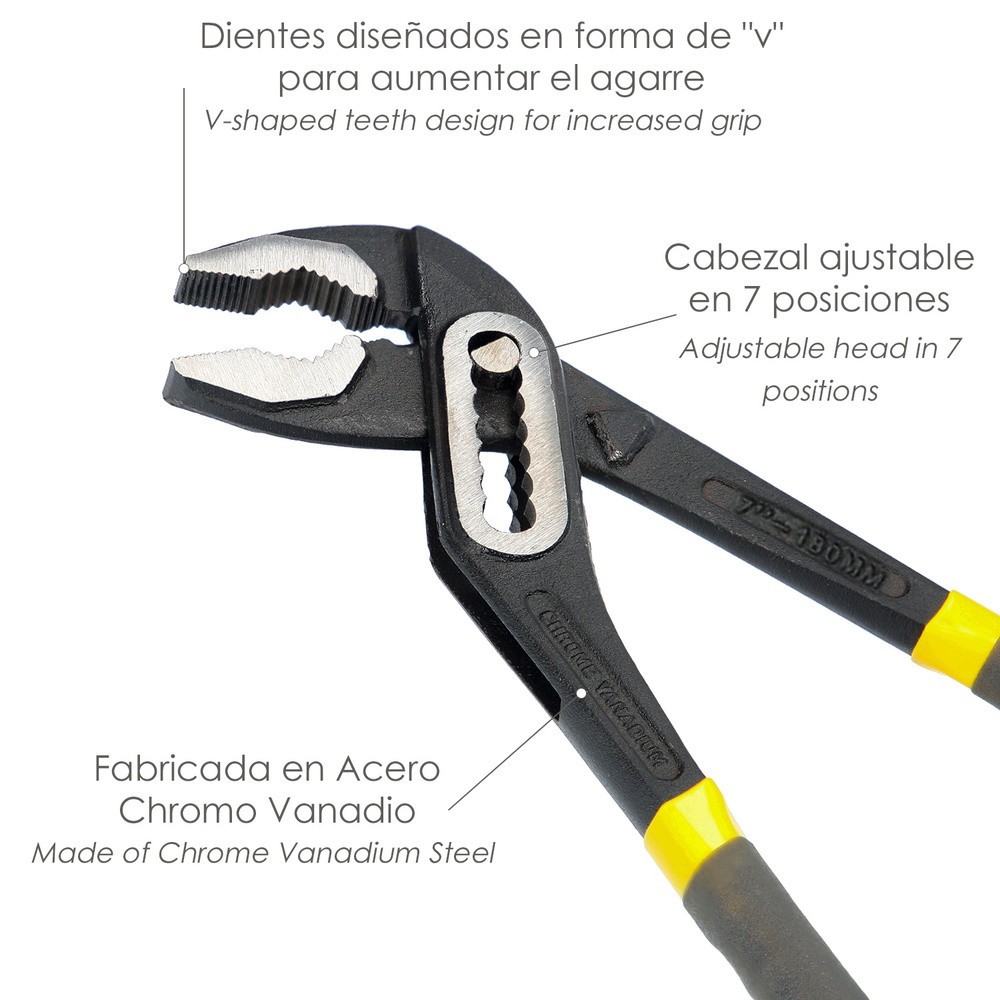 Tenazas Apertura Múltiple Negra 180 mm, Mangos Plastificados DIN 8976, Pico De Loro, Alicates Extensibles, Tenazas Fontanero al 