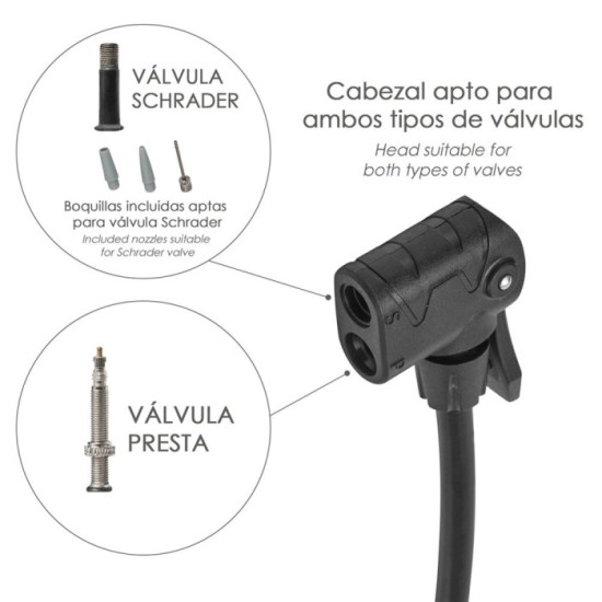 Bomba Aire 5,5 Bares Cuerpo Acero, Valvulas SCHRADER y PRESTA con Adaptadores, Bomba Bicicletas, Bomba coches al por Mayor | Alm