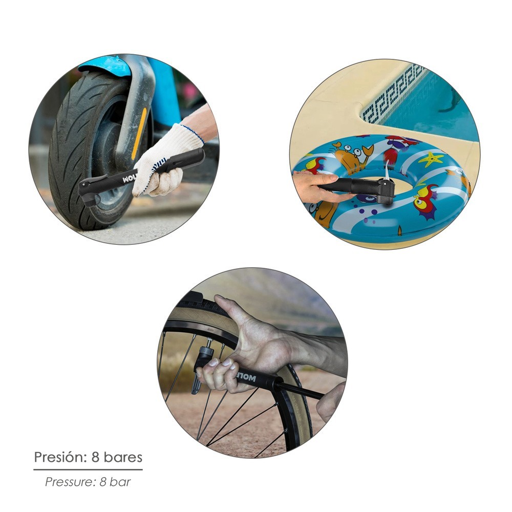 Bomba Para Bicicletas, Inflador Para Bicicleta, Bomba Patinete, Valvulas Schrader, Dunlop y Presta 8 Bares, Con soporte Bici al 